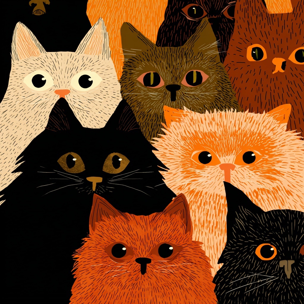 Иллюстрация с пушистыми котами, тёплая оранжевая палитра, текстурная шерсть, большие круглые глаза